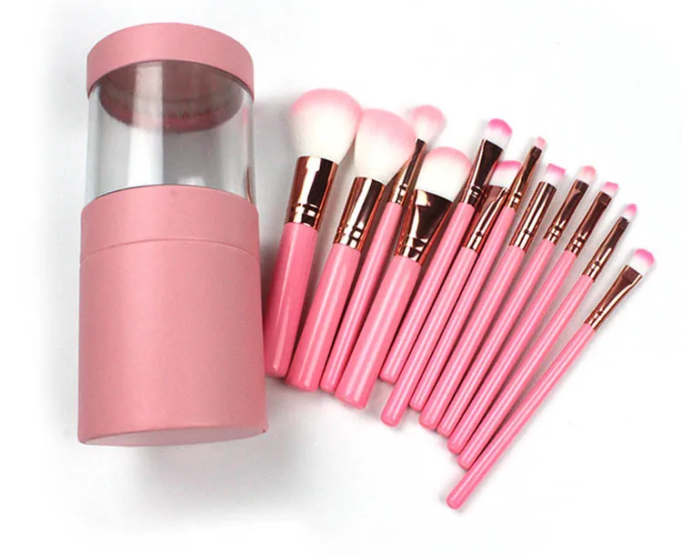 Portable Transparent Makeup Barrel with 12 Flat Brushes for Eye and Face Makeup Includes Foundation Concealer Handle Position