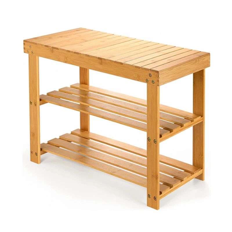 Home Living 3 Tier Design Storage Shoes Rack Bamboo Wooden Shoes Rack Bench for Entryways
