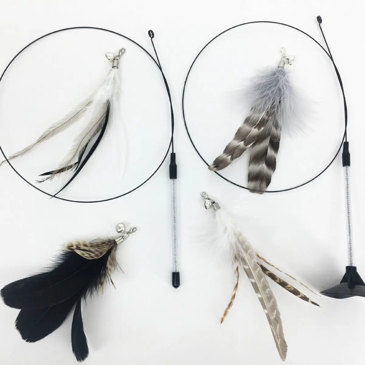 Replaceable Head Design Suction Cup Cat Toy Interactive Feather Cat Teaser Wand Stick With Bells