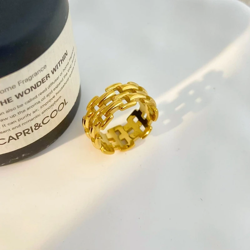 Minimalist Vintage 18K PVD Gold Plated Stainless Steel Ring Hollowed Bars Design for Wedding Engagement or Gift in 2024