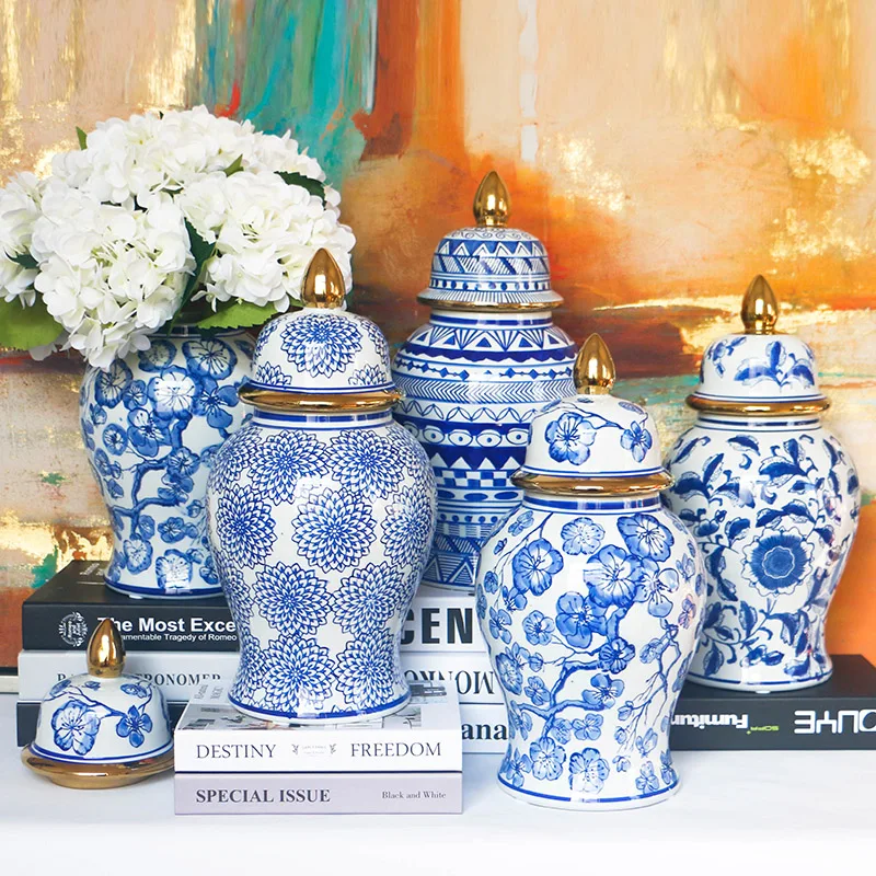 Сине-белые китайские керамические банки для обычных дужек, фарфоровые Роскошные вазы для цветов, украшение для дома под глазурью, оптовая продажа