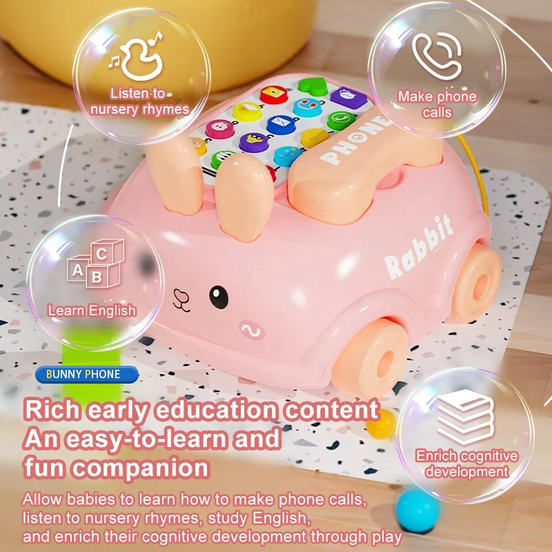 Children Toys Rabbit Phone Car Simulation Landline Baby Puzzle Early Education Baby Music Story Pull Wire Telephone Car Machine
