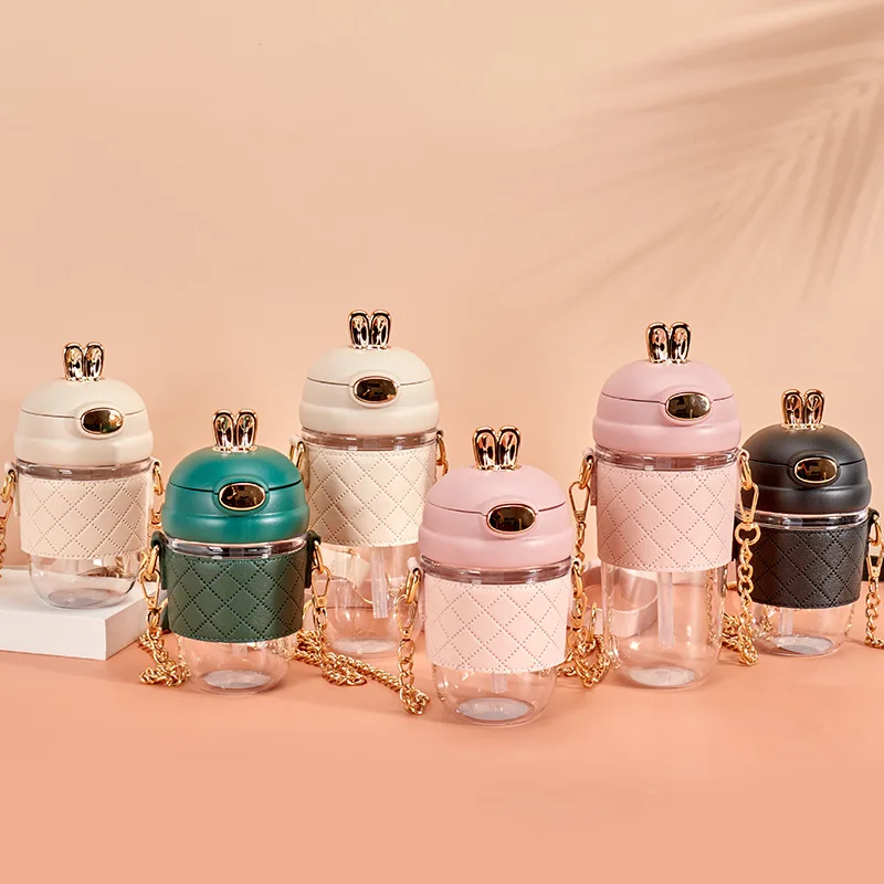 Summer fashion cute rabbit cartoon women student drinking leather sleeve water bottle with straw and chain belt