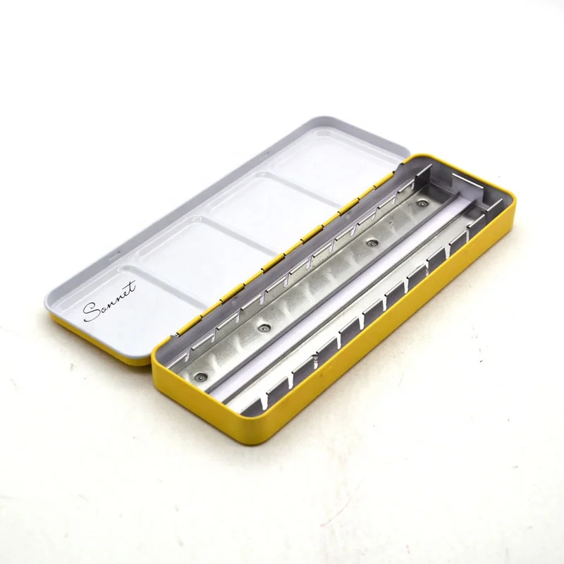 Custom yellow rectangle watercolor tin case for empty metal watercolor box with 21-Gird
