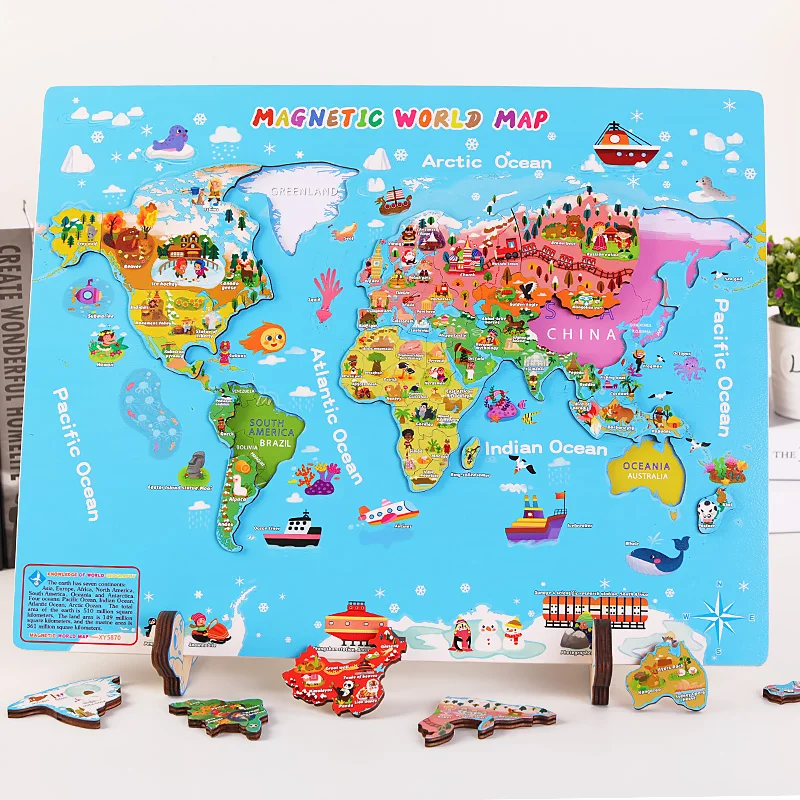 2024 Best Selling Wood 3D Megnet World Map Puzzle Early Educational Geography Cognition Toys For Children Kids Gifts Boys Girls