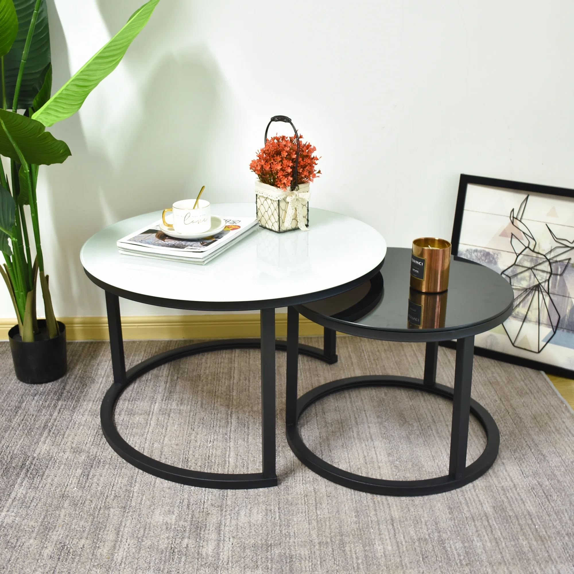 Set of 2 Tempered Glass Round Coffee Nest Table