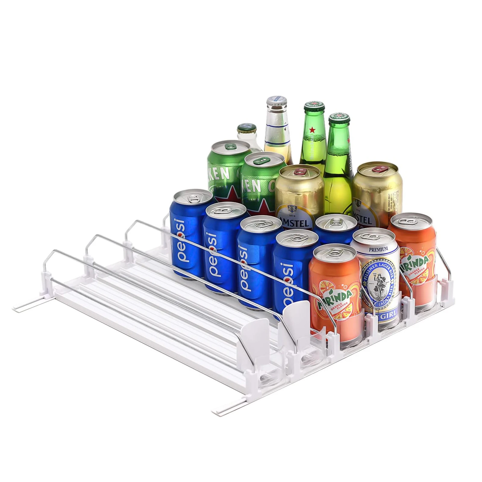 Drink Soda Can Organizer for Refrigerator,  Width Adjustable Dispenser Beverage Pusher Glide Bottles Storage Holder
