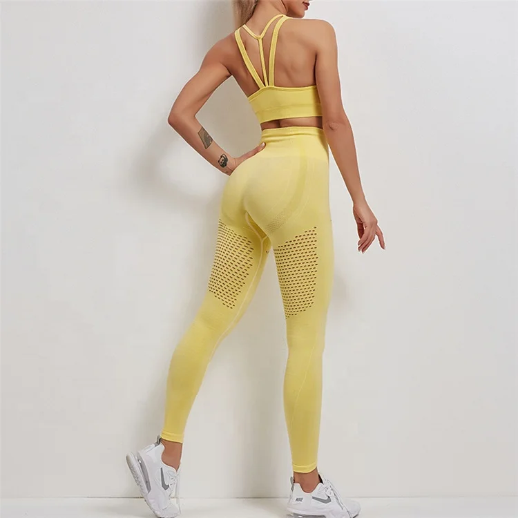 2021 Women Stretch Sports Running Yoga Fitness Set Sexy Yoga Vest Bra High Waist Yoga Pants With Mesh