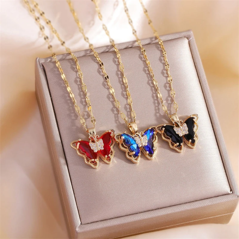 SZ Copper plated gold micro inlaid colorful crystal butterfly stainless steel necklace for women