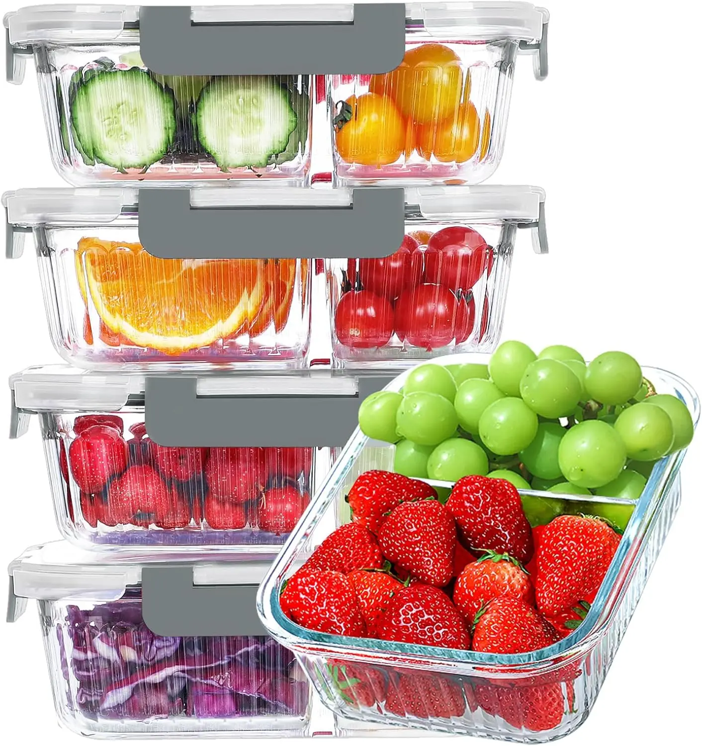 Glass Meal Prep Containers 2 Compartments, 5 Packs 36 oz, Airtight Glass Lunch Bento Box Glass Food Storage Containers