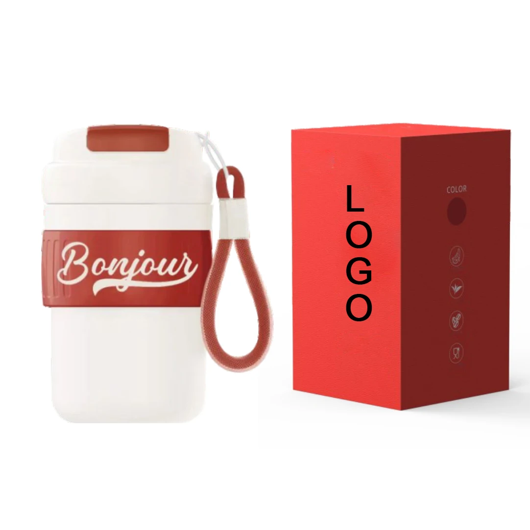 2024 New Products plastic insulated ceramic travel mug with hand carry belt and flip lid 400ml Outdoor Portable Reusable