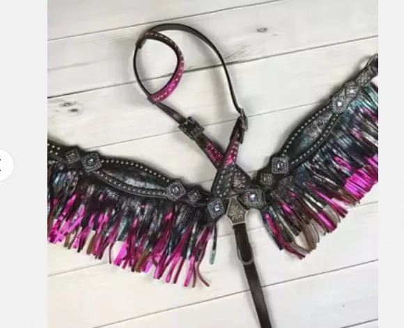 Arctic Design Teal Fringe Tack set Headstall Breast Collar Genuine Leather lightweight Beaded Seasonal Horse Ridding Equipments