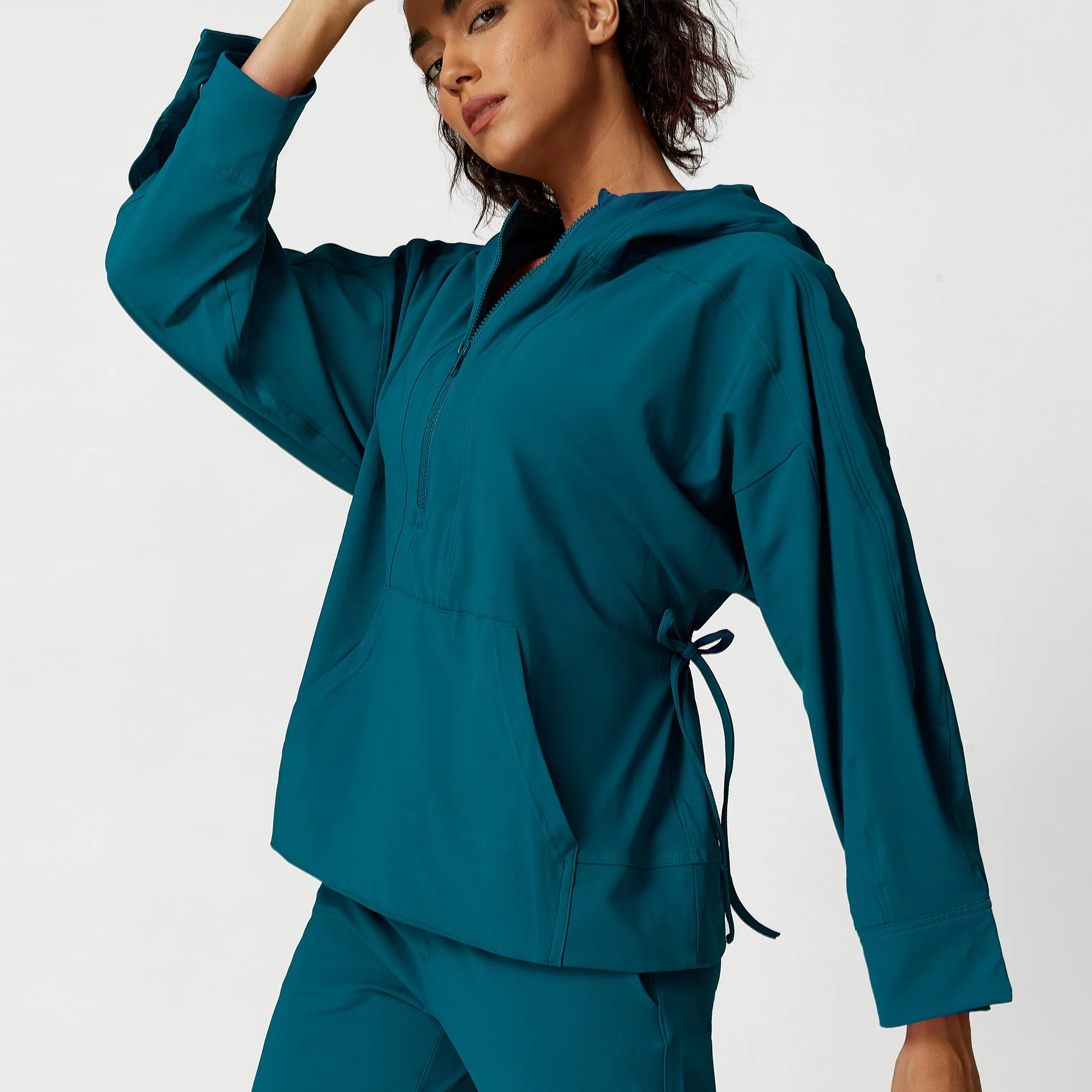 Ptsports Women Fall Zip Up Sports Jacket with pockets Long Sleeve Loose Running Fitness Casual hoodies Top with drawstring