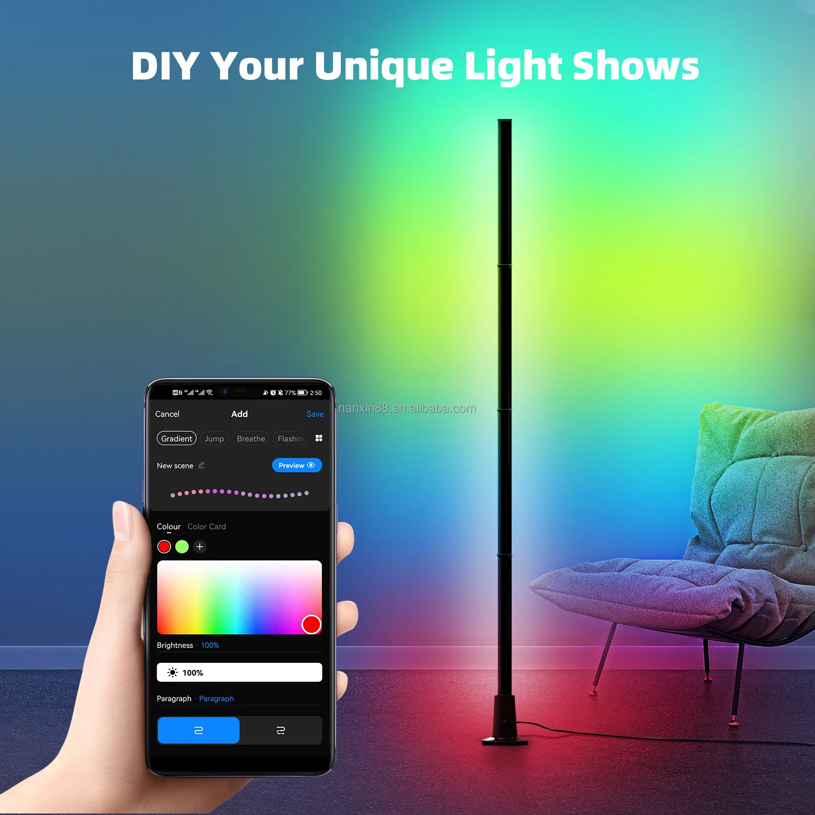 Nanxin RGBIC color changing control rgb corner led floor lamp with WiFi App,DIY Mode Music Sync Led Floor Lamp for  Gaming