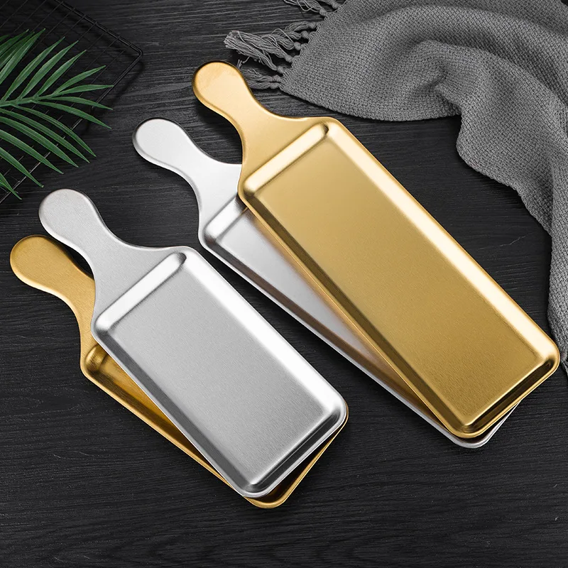 Korean Restaurant Kitchen Hotel Stainless Steel Serving Tray Gold Square Plate With Handle