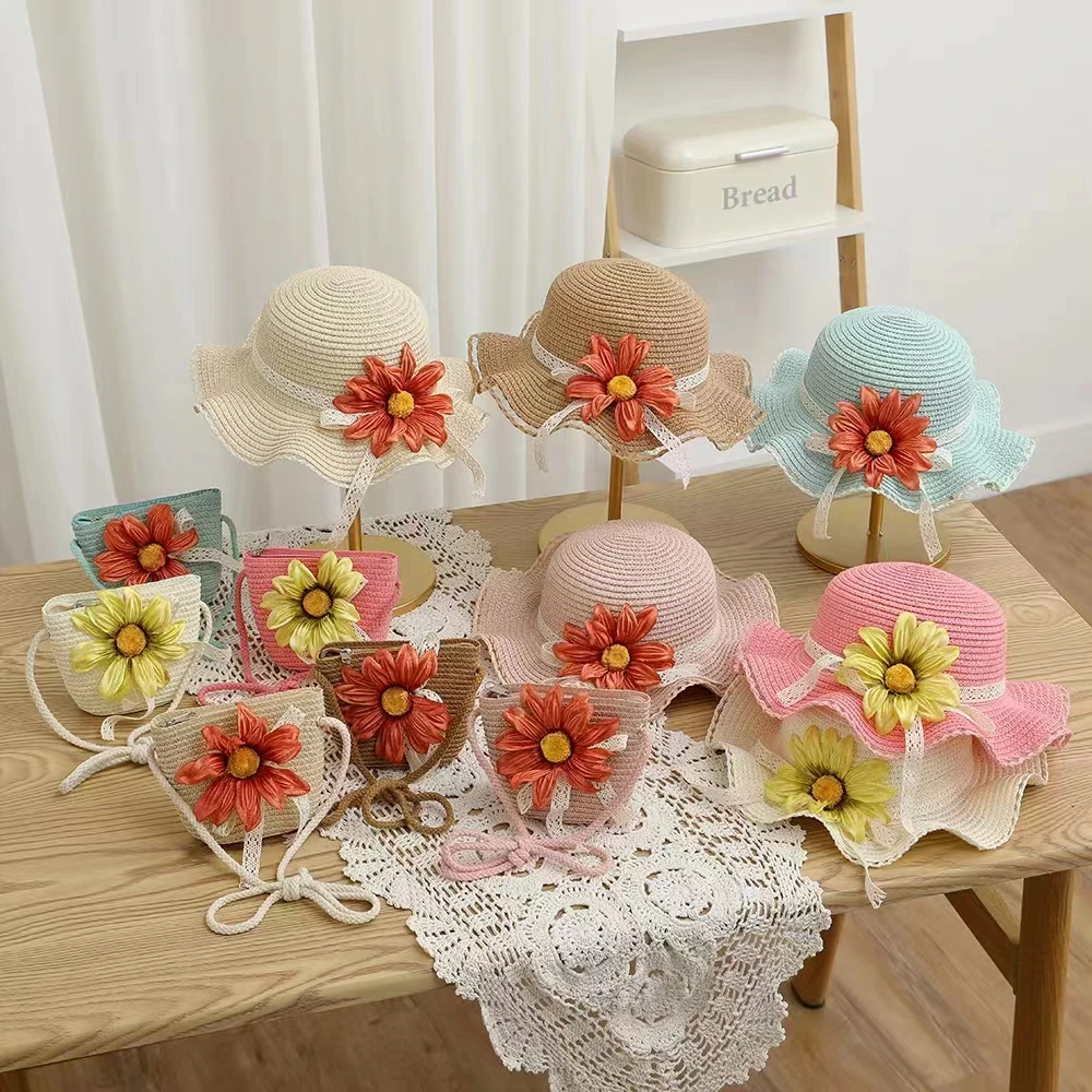 2024 New Summer Beach Vacation Rattan Macaron Cartoon Simple Drawing Daisy Straw Hat Cute Style Children Bag Hat Set