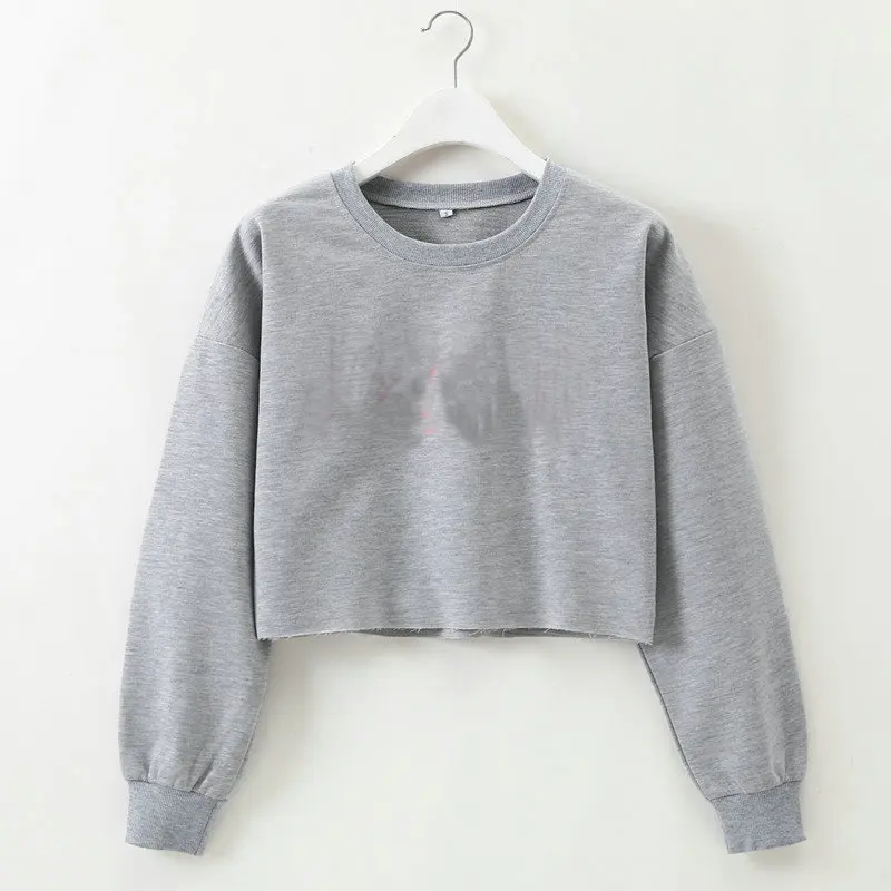 
White crop top crewneck women pullover hoodies long sleeve autumn sweatshirt crop top hoodie women 