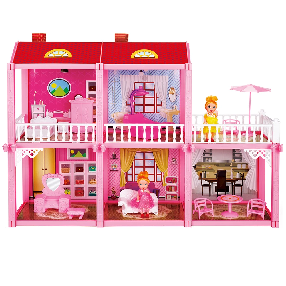 New Arrivals Girls Toy 3-Story 8 Rooms Mini Doll House Playhouse with 3 Doll Figures Slides Stairs Furniture Accessories