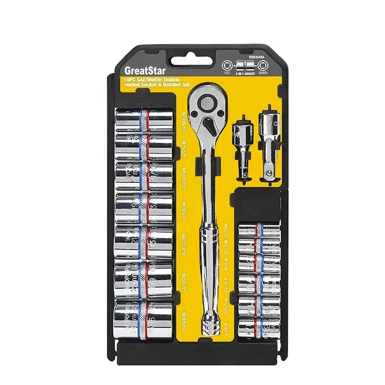 Wrench Socket Set CR-V Steel 16PC Double ended Socket Set SAE or Metric with Rack for Car Repair