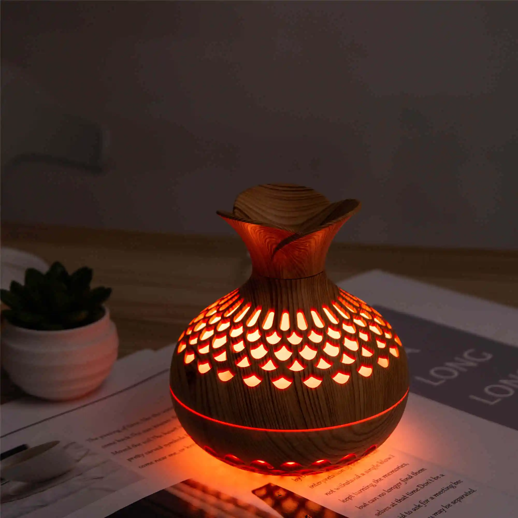 Factory Wholesale Cheap USB Mini Humidifier Home Hollow Flower Wood Grain Ultrasonic Air Humidifier With Colorful Lights