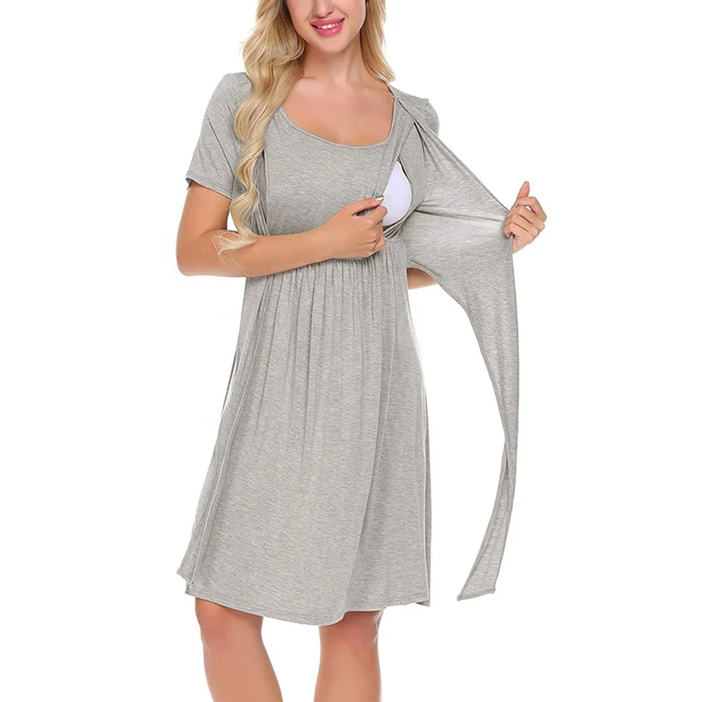 2021 Hot Sale Women Maternity Dress Nursing Baby Nightgown Solid Color Breastfeeding Sleepwear Dress