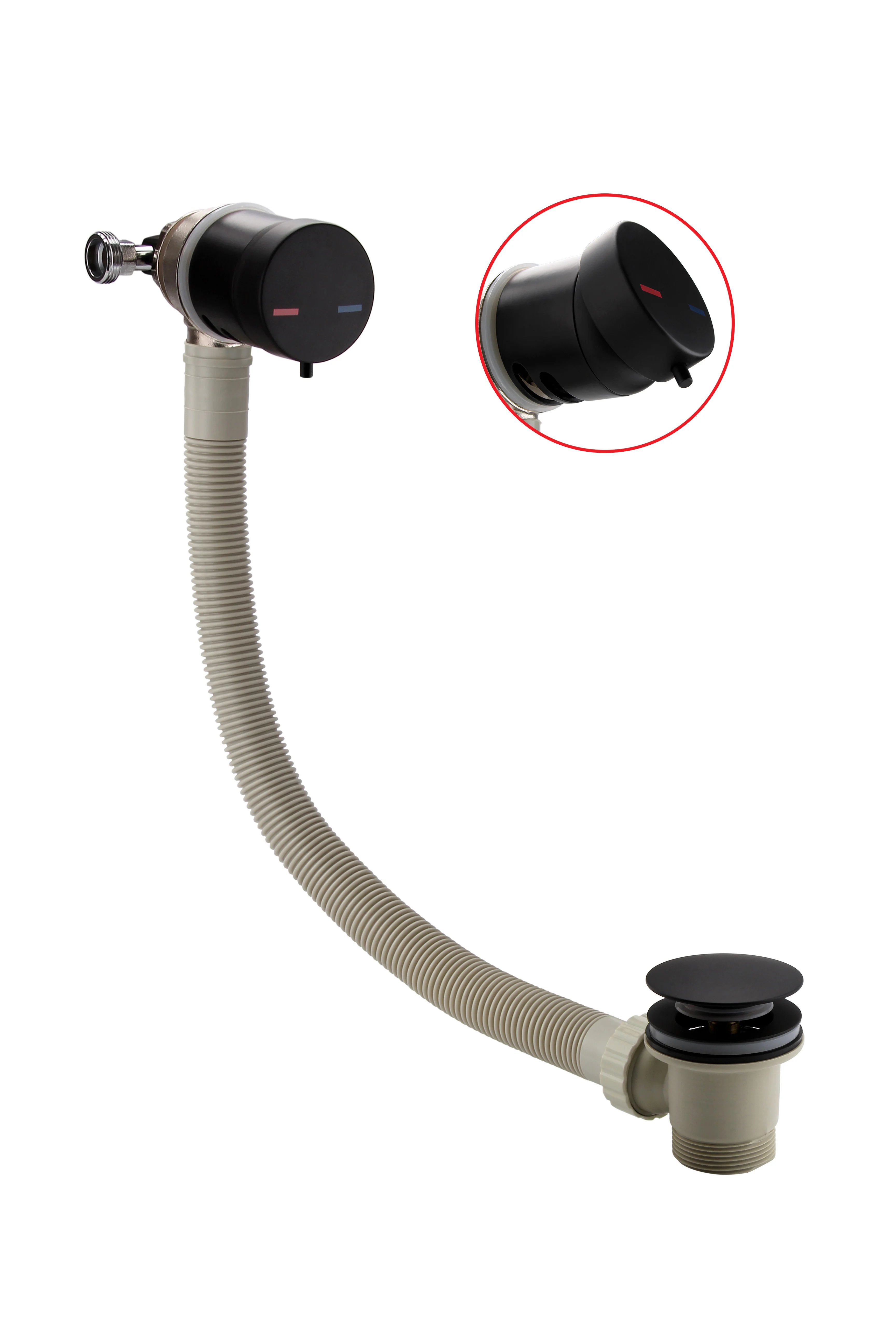 Brushed brass temperature control bath filler with clicker waste