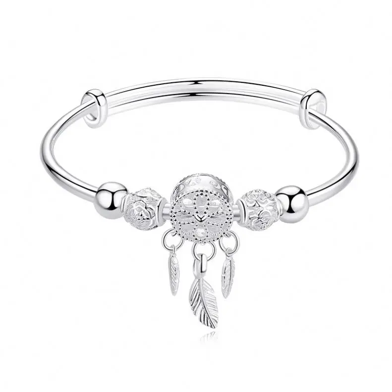 Wholesale Elegant Adjustable Silver Coated Dreamcatcher Tassel Round Bead Bangle Pulsera Bracelet For Women