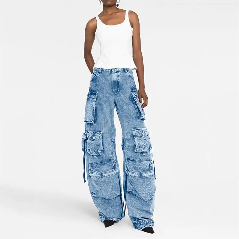 Y2K streetwear neutral girls cargo Pantalones vaqueros baggy style womens vaqueros wide leg straight multi-pocket denim jeans