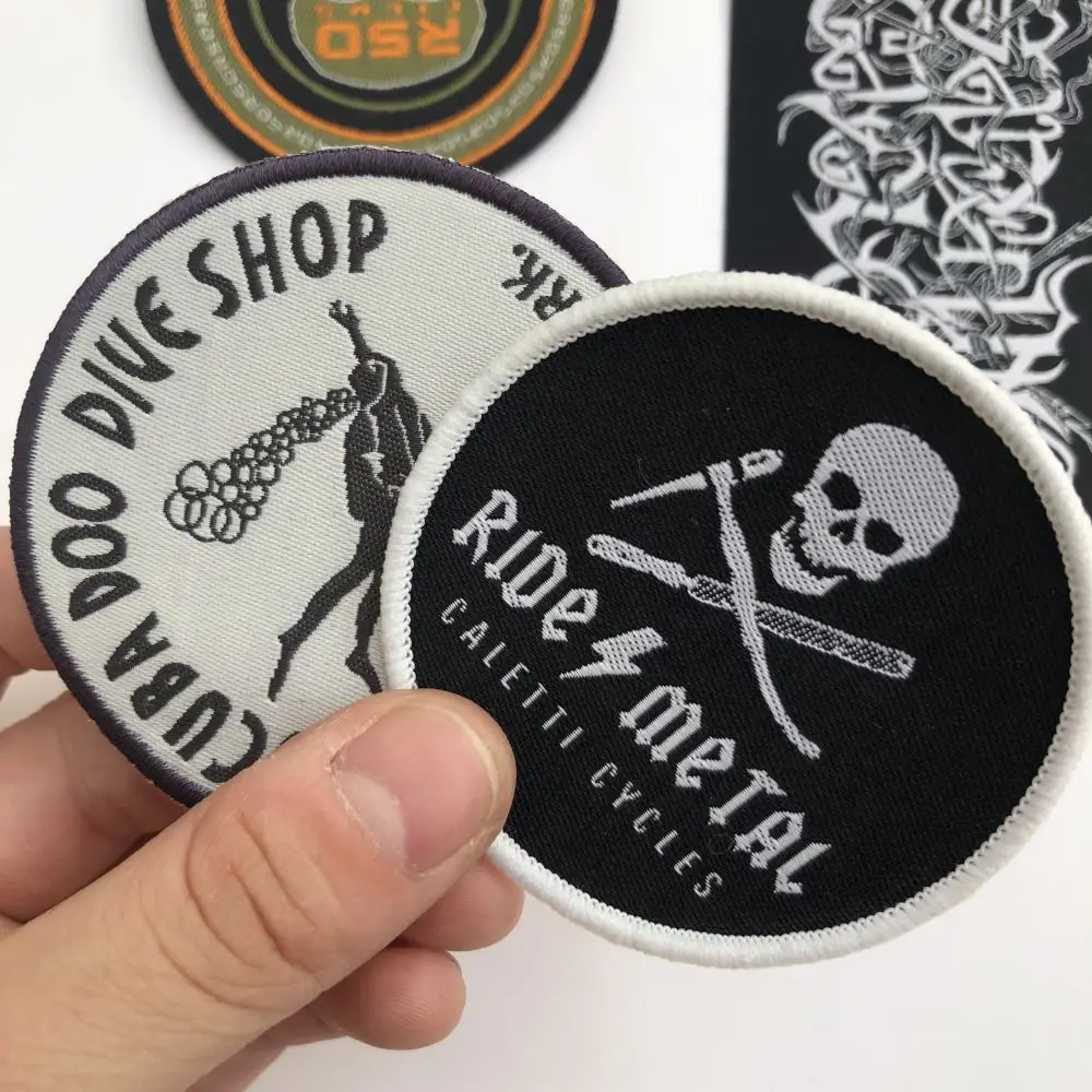 Custom logo name fashionable woven round leather chenille sequin letter iron on embroidery patch sew for hat clothing jeans