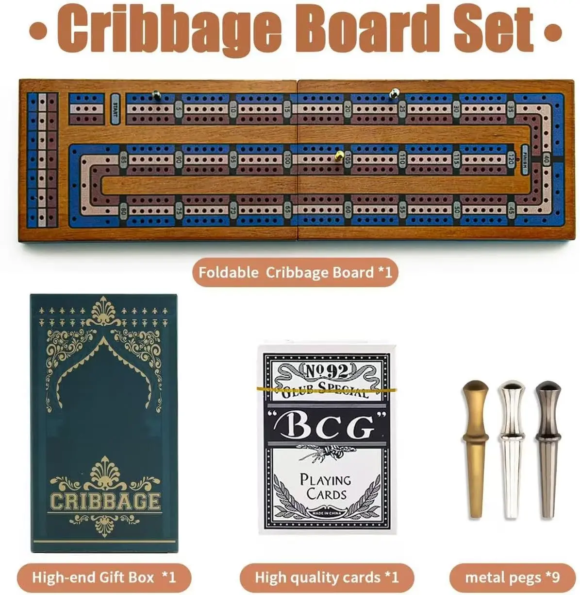 Travel Cribbage Board with Storage and Collapsible with Magnetic Lock 9 Metal Pegs Full Deck of Cards Family Board Games Adults