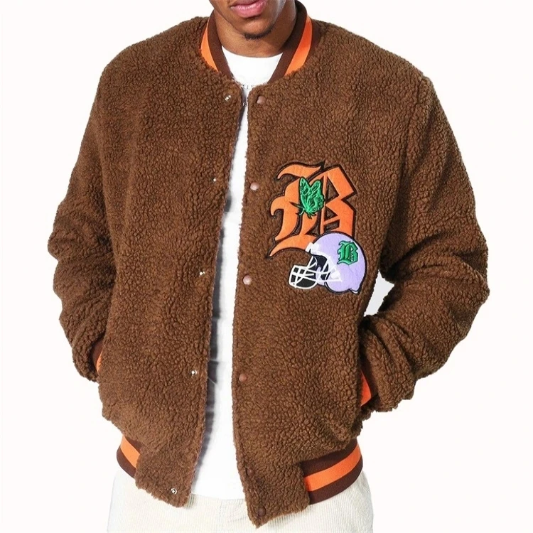 OEM Custom Logo Winter Casual Style Brown Borg Tiger Warm Bomber Varsity Jacket for Men