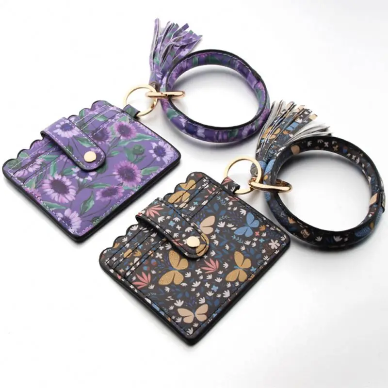 Wristlet Bracelet Card Holder, Purse Multi Function Key Ring Bangle Wallet Leopard Bead Tassel Key Chains/