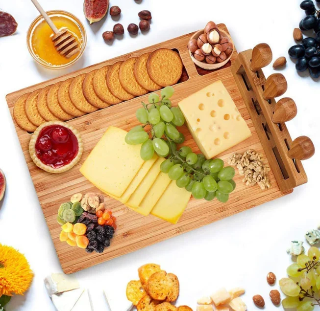 Premium wood cheese board set bamboo cheese board and knife set with Magnetic Slide-Out Drawer