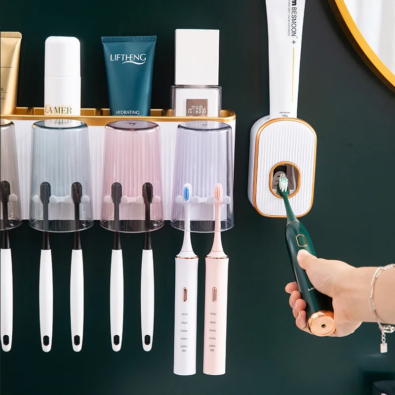 Factory Wholesale Bathroom Wall Hanging 2022 New Product Automatic Squeeze Toothpaste Dispenser With Plastic Toothbrush Holder