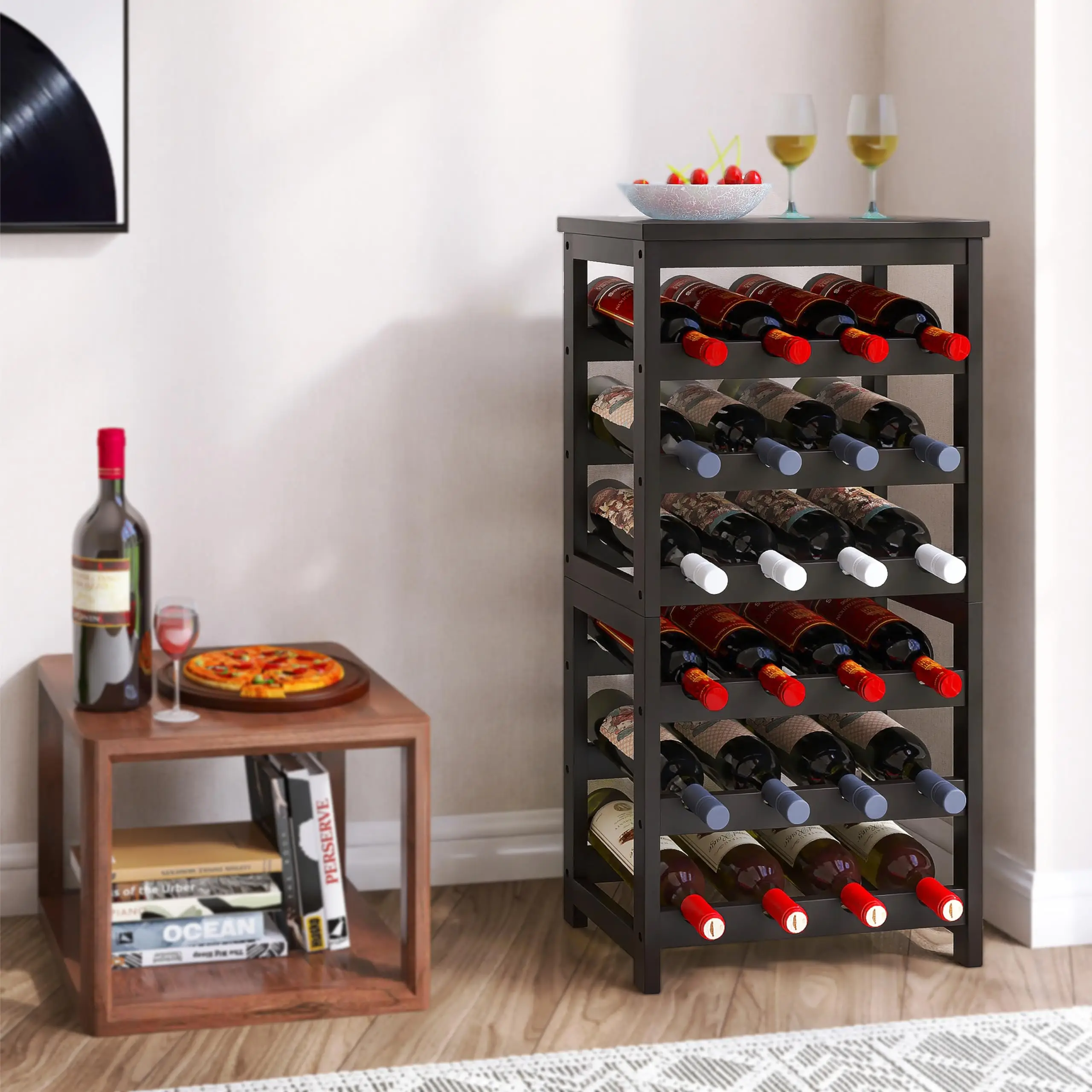 24 Bottle Wine Rack Freestanding Floor, 6 Tier Wine Display Storage Shelves with Tabletop, Bamboo Wine Bottle Holder Stand
