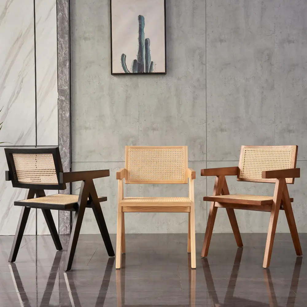 North Asia Good Quality Stable Wooden Frame Nordic solid wood rattan woven dining chair armchair For Kitchen