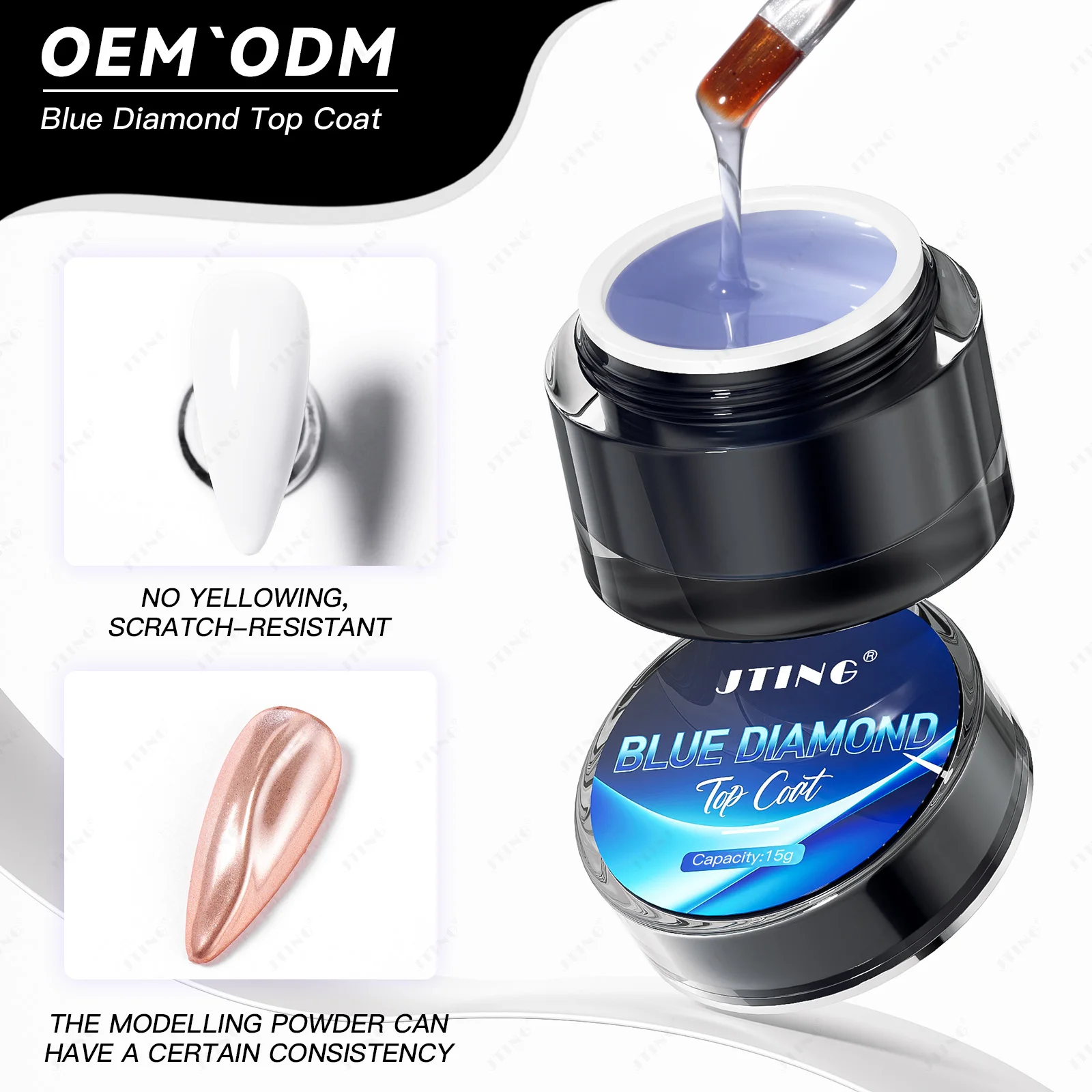 JTING Unique Effect Non-yellow blue diamond top coat gel nail polish hema free diamond top coat gel polish OEM/ODM nail supplier