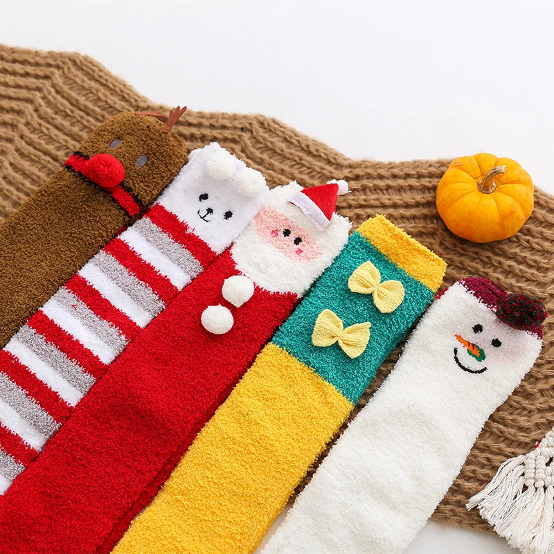 Hot Sale Autumn and Winter Over Knee Knit Christmas Stockings Coral Velvet Fleece Women Winter Socks