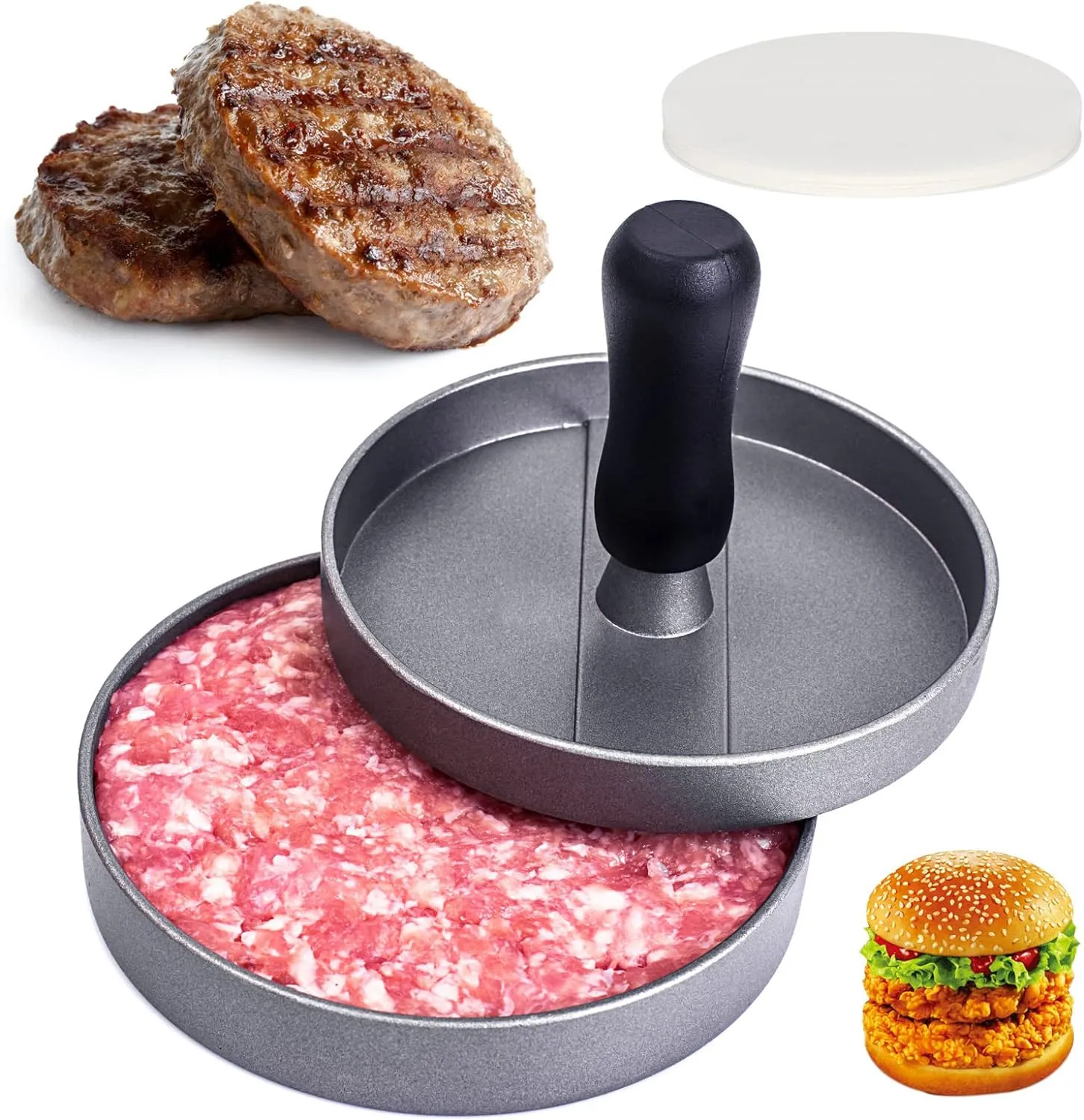 Non-Stick Burger Press Aluminum Hamburger Patty Maker with 100 Wax Papers for BBQ Grill