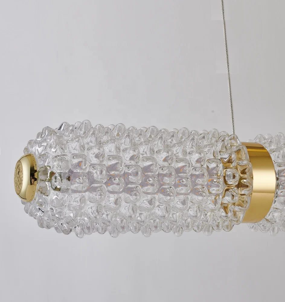 2023 New Modern golden crystal glass Cylindrical strip type LED villa pendant lamp dining table glass chandelier