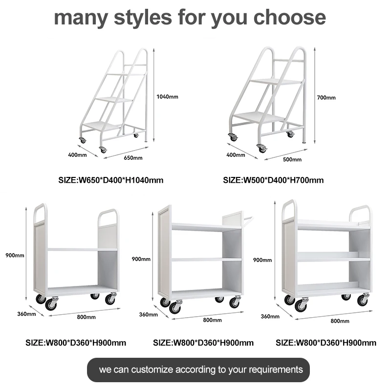 white metal steel bookshelf bookcase ladders rails for library book rack stair trolly chair with wheels for school college