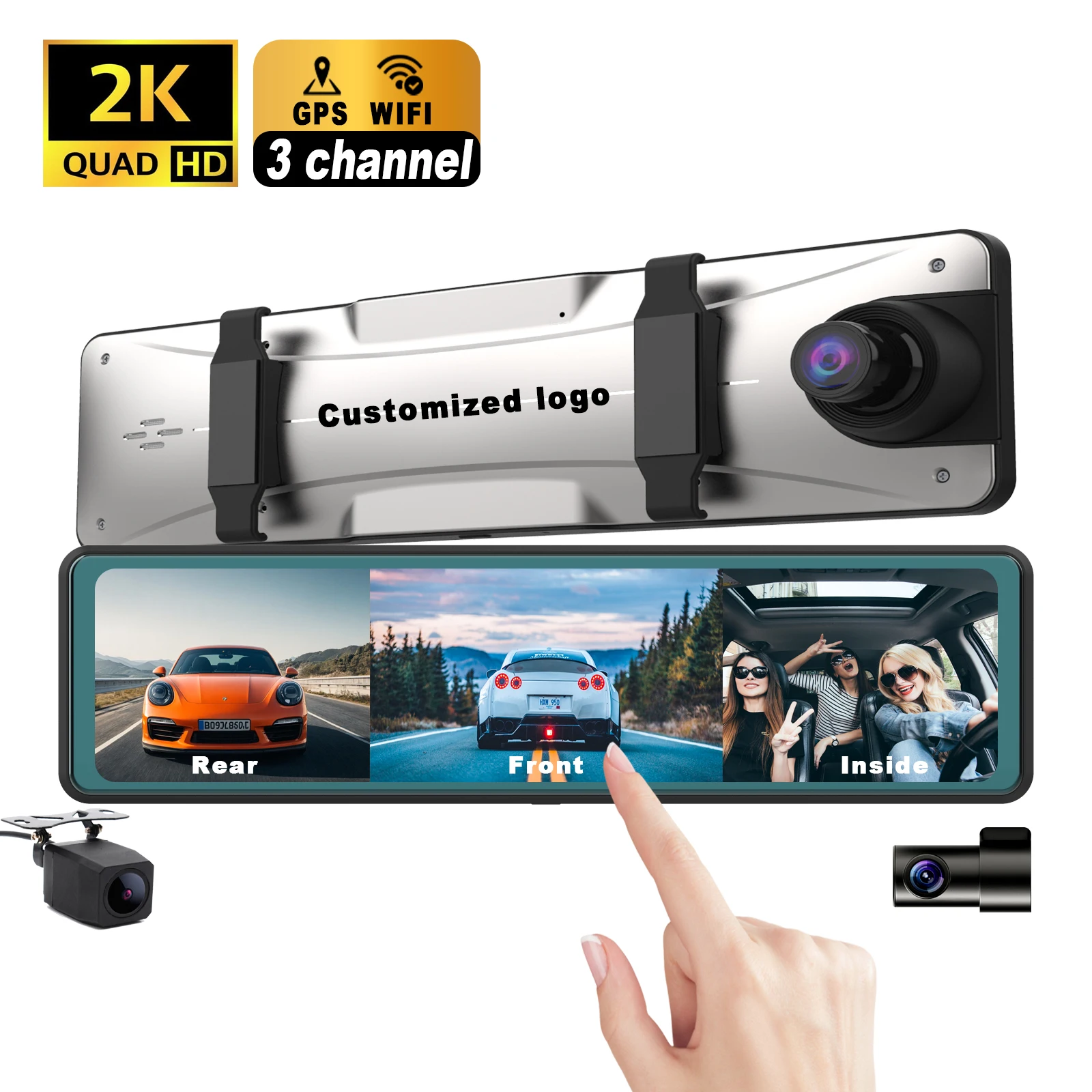 12 inch  Touch screen rearview mirror dash camera 3 channel 2k wifi dash cam Front rear and inside 3 lens 2k wifi gps dashcam