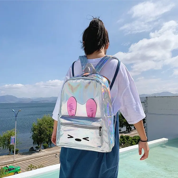 Korean Version Of Bright Laser Junior High School Girls Backpack Fashion Waterproof Cartoon Rabbit Ears Backpack