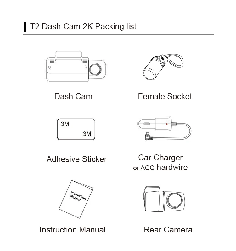 Hot Original Factory T2 Universal Car Cam QHD 2K/1080P DashCam WiFi built-in Super Capacitor 150 Degree Wide Angle