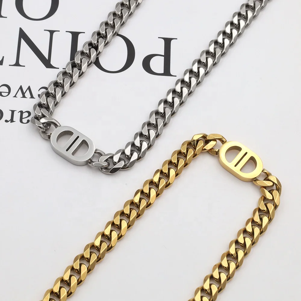 Titanium steel Cuban Chain Double D necklace stainless steel Punk metal 18K gold choker necklace