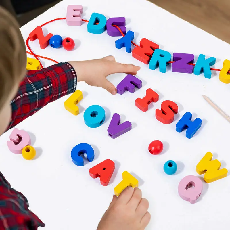 Intelligent Wooden Letter Threading Bead Toy Kids Educational Building Block Set Arabic English Russian Digital Calculating