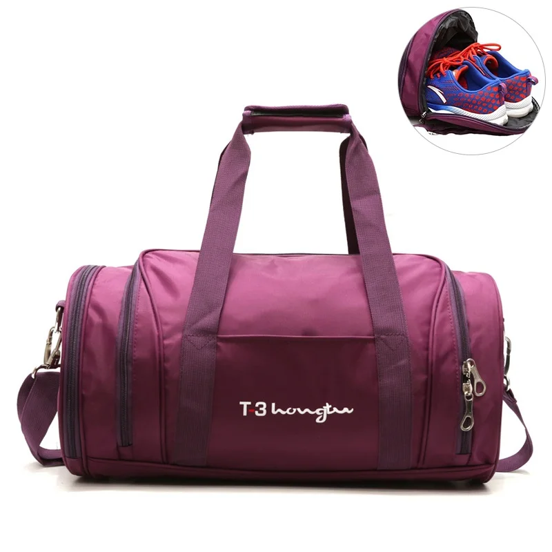 Lastest trendy big duffle travel bag for men weekend black and purple gym sports shoe bags