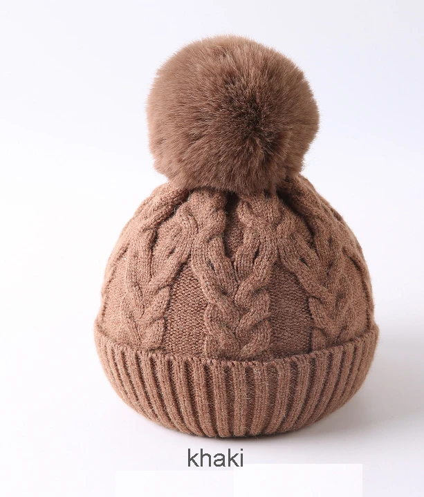 
Thick and Warm Knitting Hat Winter Mom And Baby fur pompom Kids Hat Knitted 