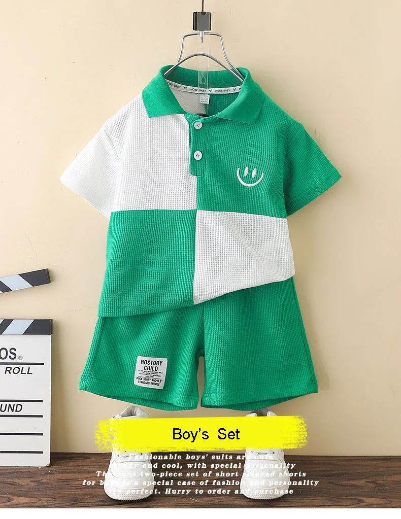 Summer waffle knitting matching color polo short Sleeves T-shirt short Shorts 2pcs kids clothes set with smile emb