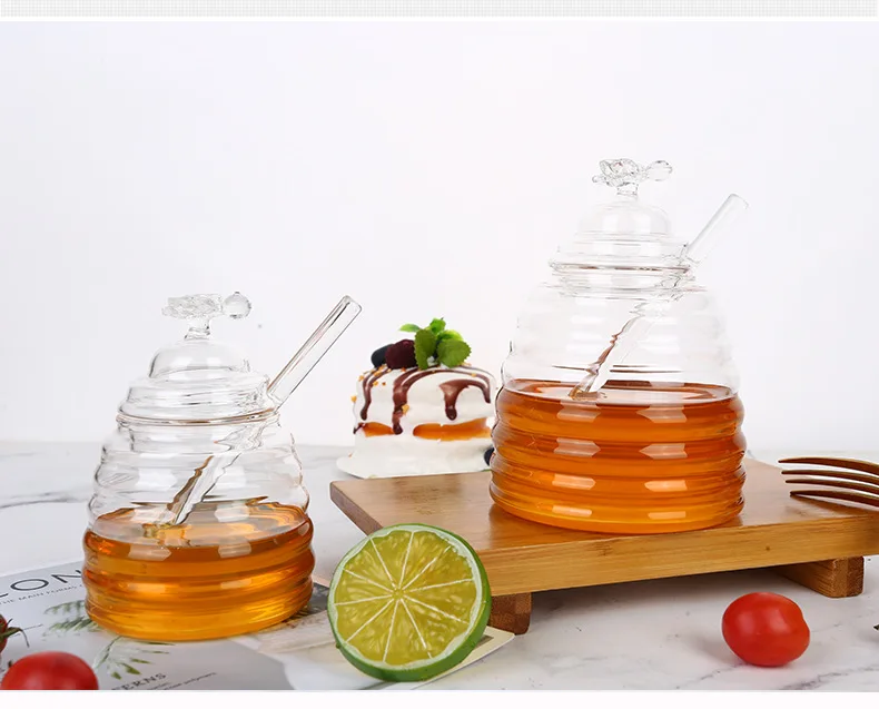 wholesale cheap  glass honey jar hive shape glass storage bottle with stirring rod
